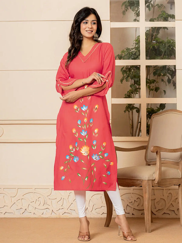 Hot Pink Hand Painted Straight Kurta