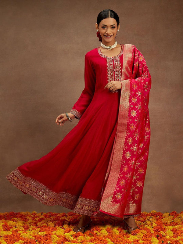 Hot Pink Yoke Design Silk Blend Anarkali Kurta With Trousers & Dupatta - Jashvi