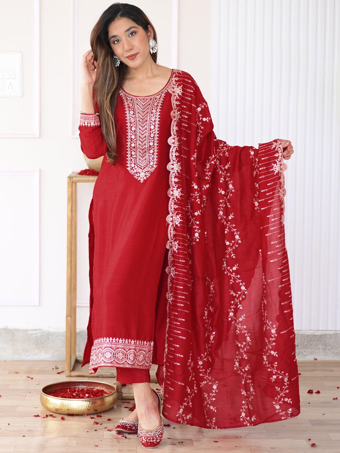 Hot Pink Yoke Design Silk Blend Straight Kurta With Trousers & Dupatta - Jashvi