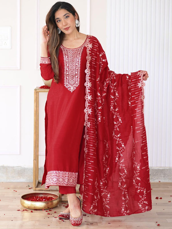 Hot Pink Yoke Design Silk Blend Straight Kurta With Trousers & Dupatta - Jashvi