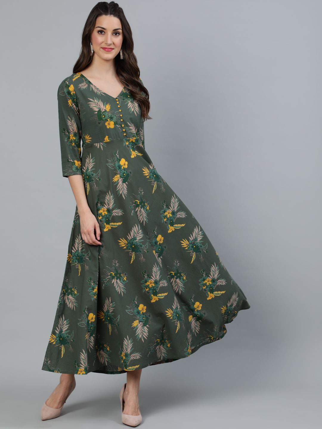 Women's Green Floral Printed Flared Maxi - AKS