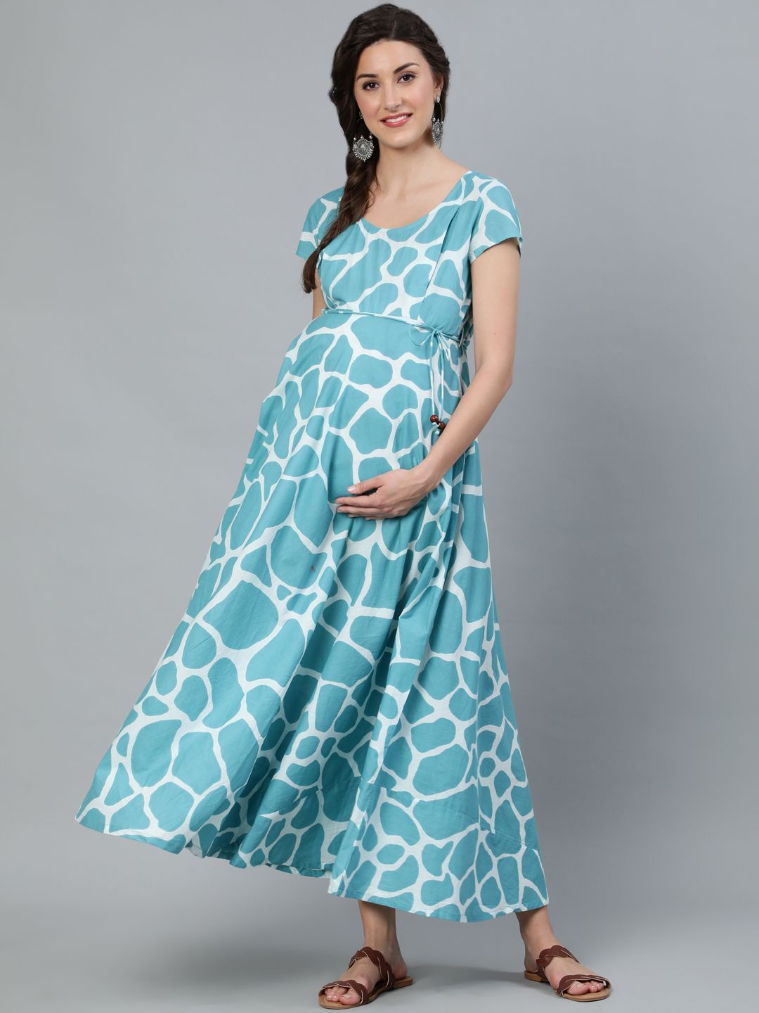 Women's Blue & White Animal Printed Maternity Maxi - AKS