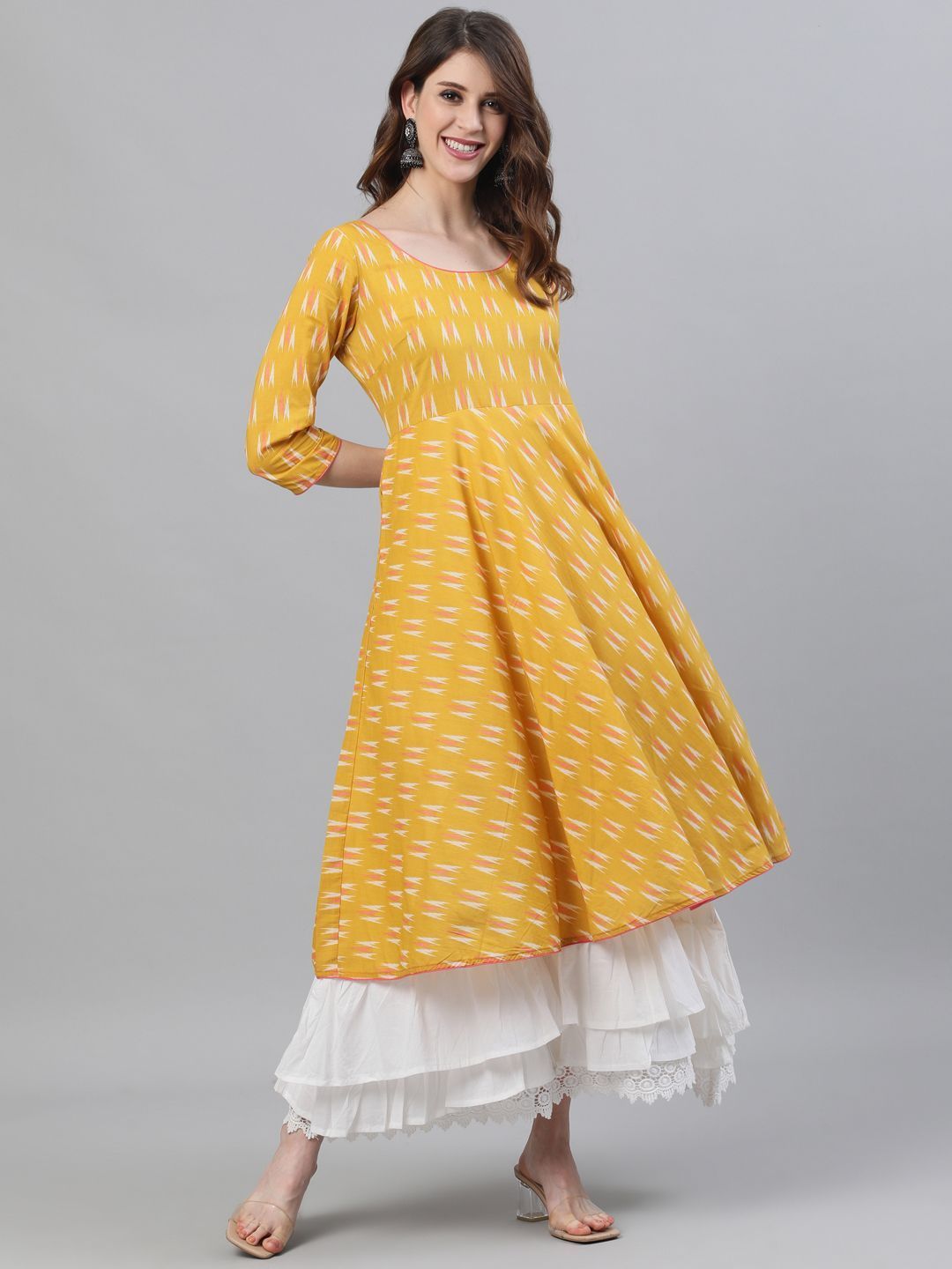 Women's Yellow & White Ikat Printed Layered Maxi With Lace details - AKS