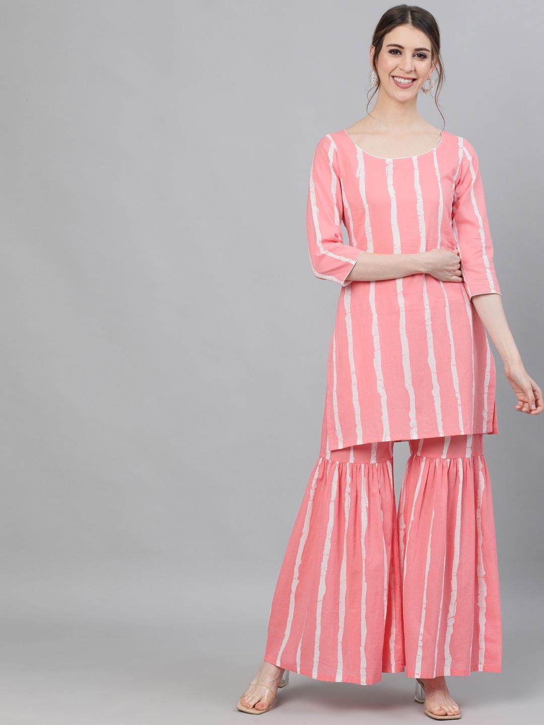 Women's Pink & White Striped Printed Kurta With Sharara Set - AKS