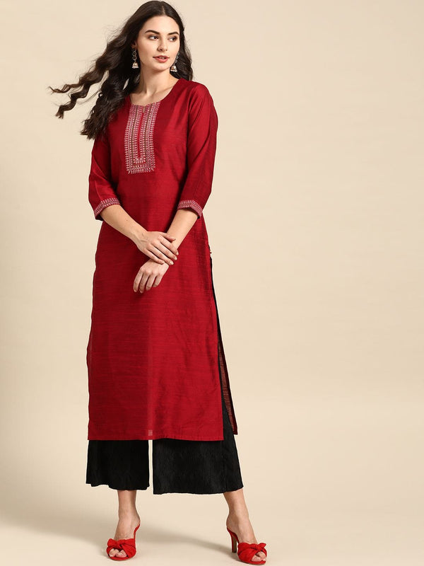 Women's Maroon Embellished Straight Kurta - Varanga