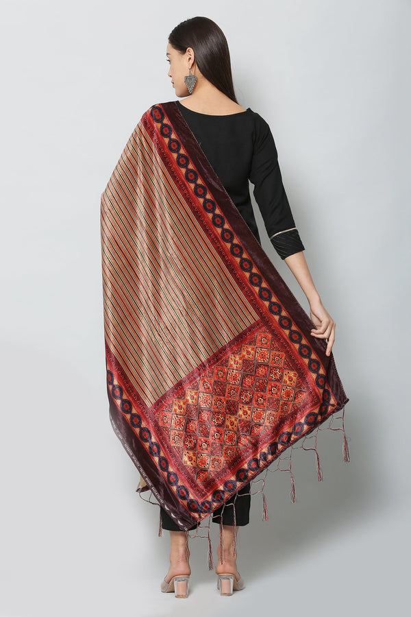 Women's Red Color Polyster Velvet  Digital Printed Dupatta - VAABA