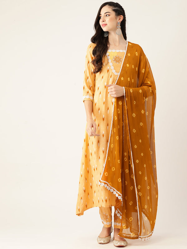 Women's Yellow Color Rayon Blend Printed Kurta Pant With Dupatta - VAABA