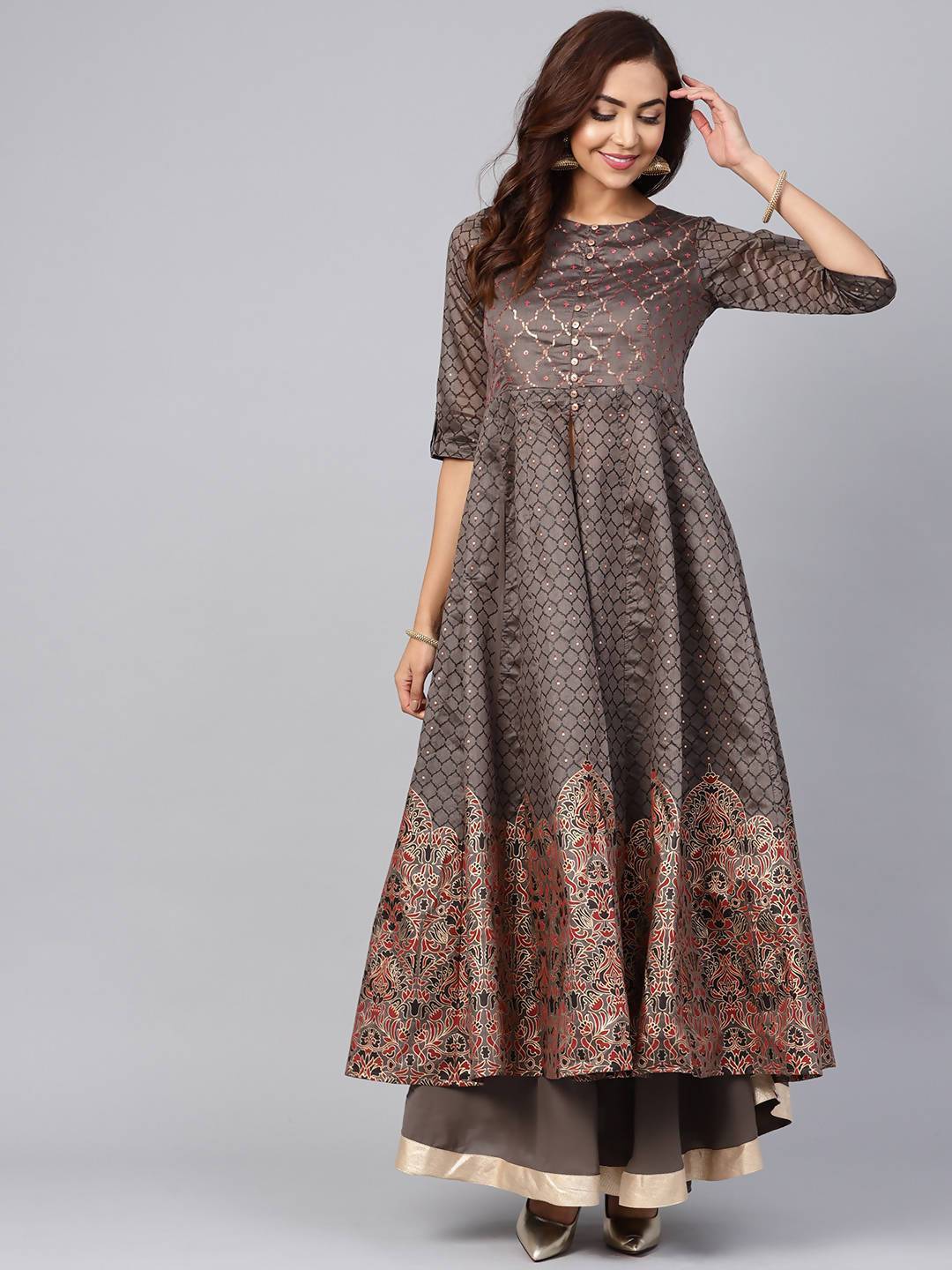 Women's Grey Chanderi Printed Kurta With Solid Skirt - Juniper