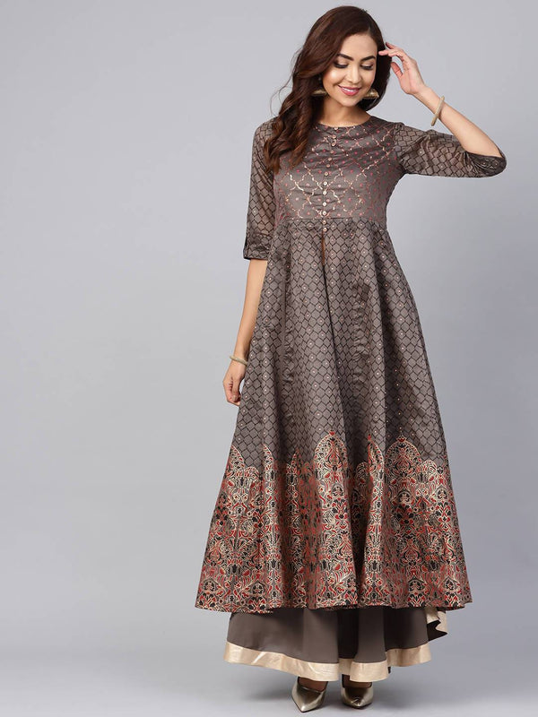 Buy_Women's_Grey_Chanderi_Printed_Kurta_With_Solid_Skirt_Online_Indiakreations