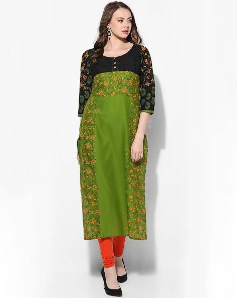 Women's Olive Green And Black Cotton Hand Block Print Anarkali Kurta Only - Cheera