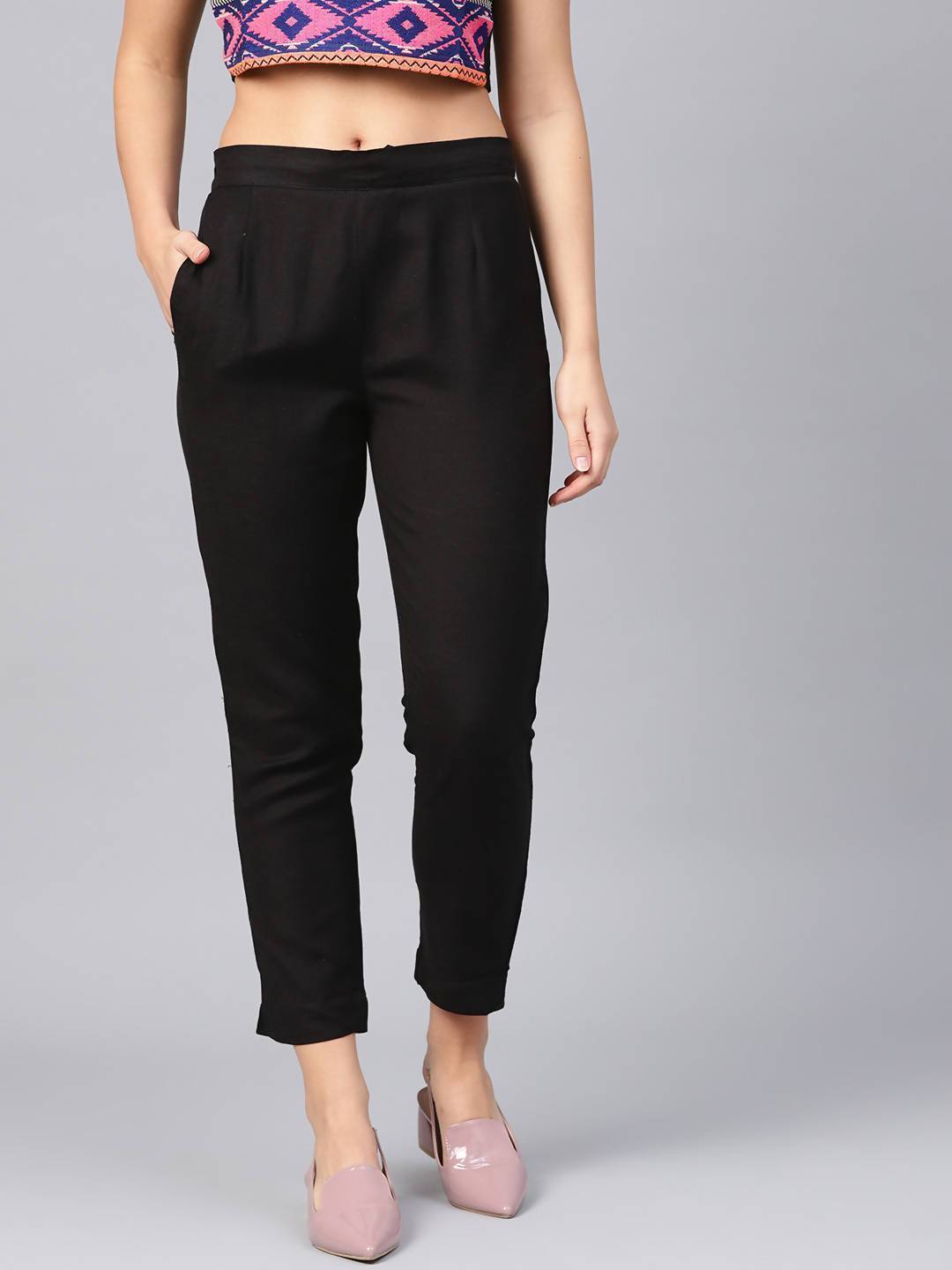 Women's Black Rayon Solid Straight Pants - Juniper