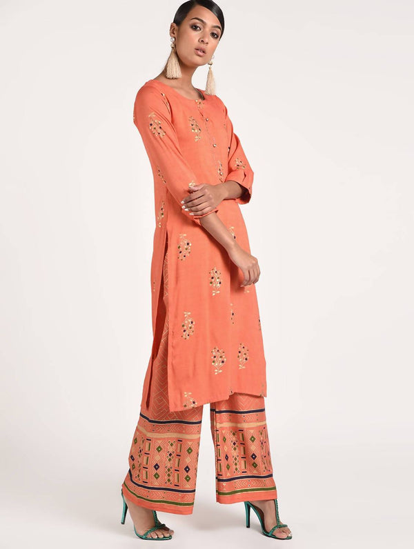 Women's Multi Color Gold Print Kurta Palazzo Set - Cheera