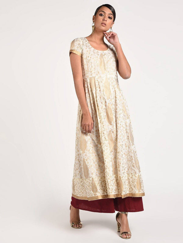 Women's Off-White Cotton Fancy Full Ghera Party Wear Anarkali Kurta Only - Cheera