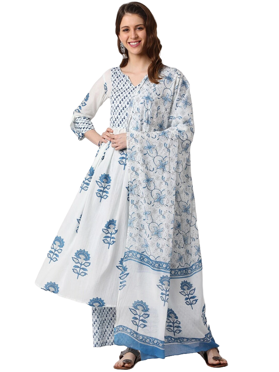 Women's White Printed Pure Cotton Kurta, Pant And Dupatta Set - Alvami