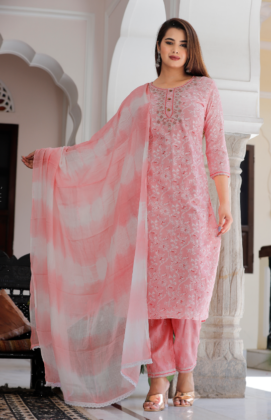 Women's Baby Pink Kurta With Pant & Dupatta - SINGNI