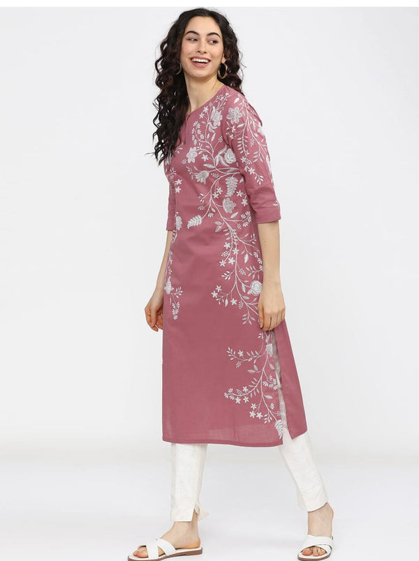 Women's Embellished Daily Wear Cotton Blend Kurta - Cheera