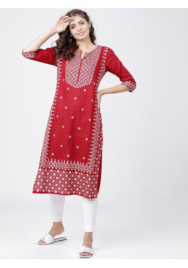 Women's Red Embellished Daily Wear Cotton Blend Kurta - Cheera