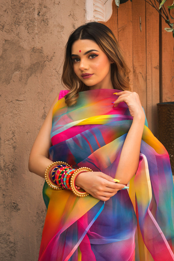 Women's rainbow organza printed saree - Pomcha Jaipur