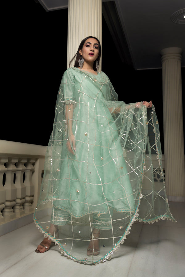 Women's Gotta Jaal Cotton Silk Mint Green Anarkali - Pomcha Jaipur