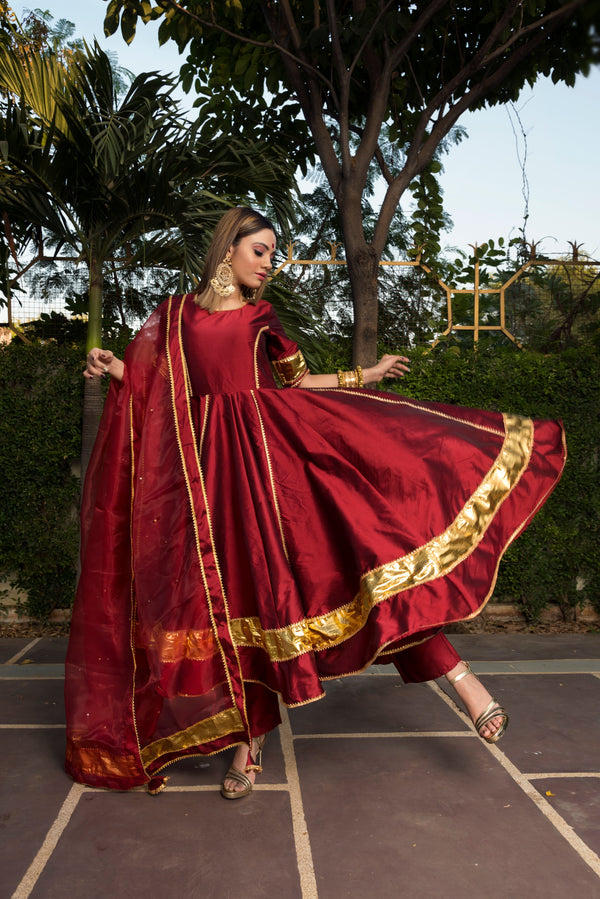 Women's Taffeta Silk Maroon Anarkali- Pomcha Jaipur