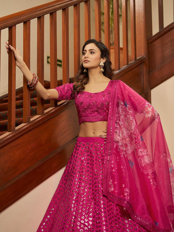 Women's Impressive Deep Pink Art Silk Lehenga Set - Odette