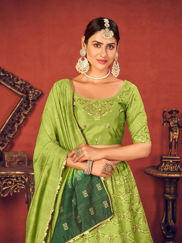 Women's Impressive Floracance Green Art Silk Lehenga Set - Odette