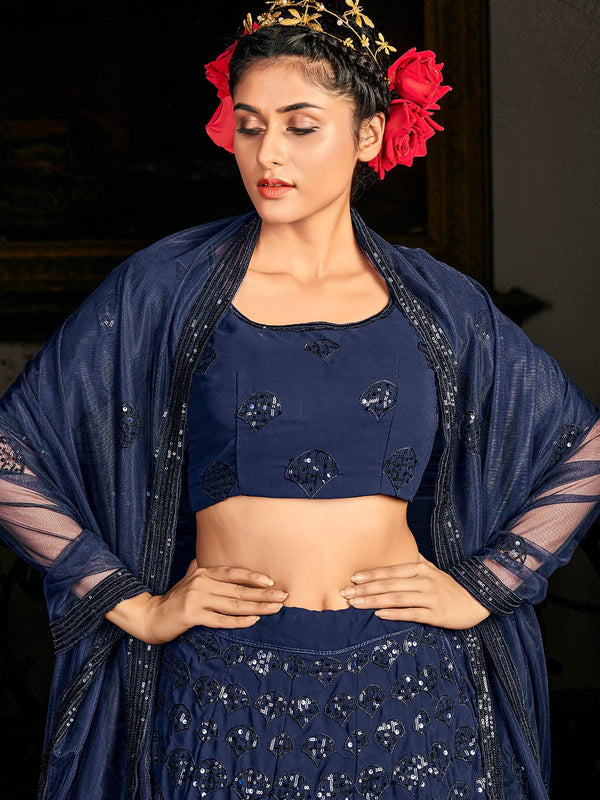 Women's Impressive Navy Blue Georgette Lehenga Set - Odette