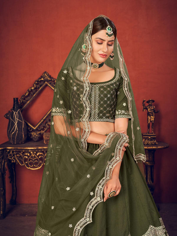 Women's Impressive Olive Green Art Silk Lehenga Set - Odette