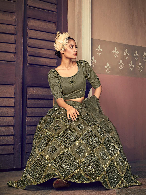 Women's Impressive Olive Green Net Sequins Lehenga Set - Odette