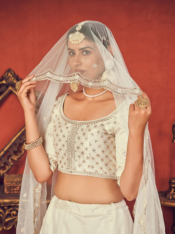 Women's Impressive Pearl White Art Silk Lehenga Set - Odette