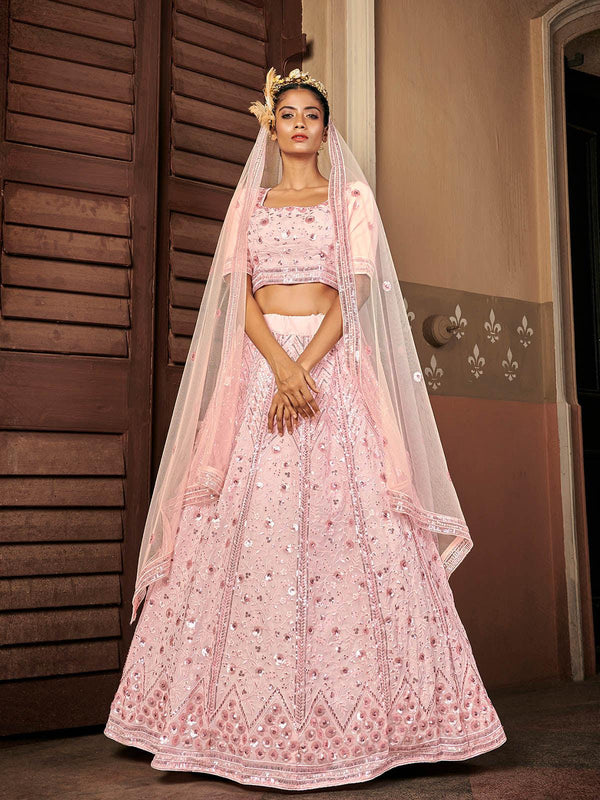 Women's Impressive Pink Georgette Lehenga Set - Odette