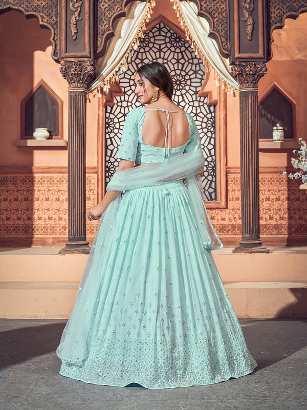 Women's Impressive Sky Blue Georgette Lehenga Set - Odette