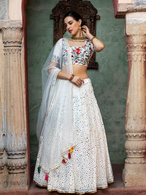 Women's Impressive White Georgette Lehenga Set - Odette