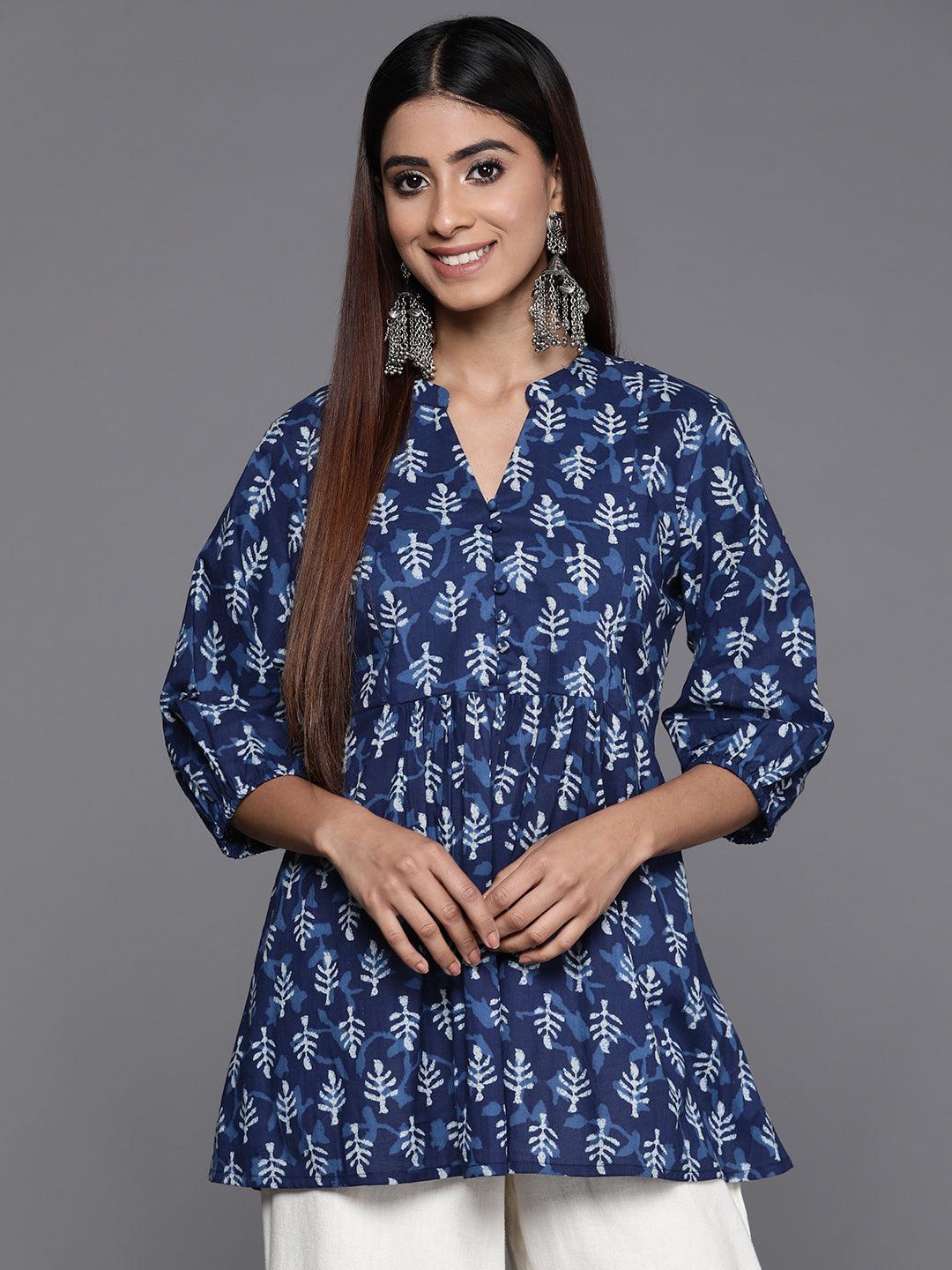 Indigo Printed Cotton A-Line Kurti - Jashvi