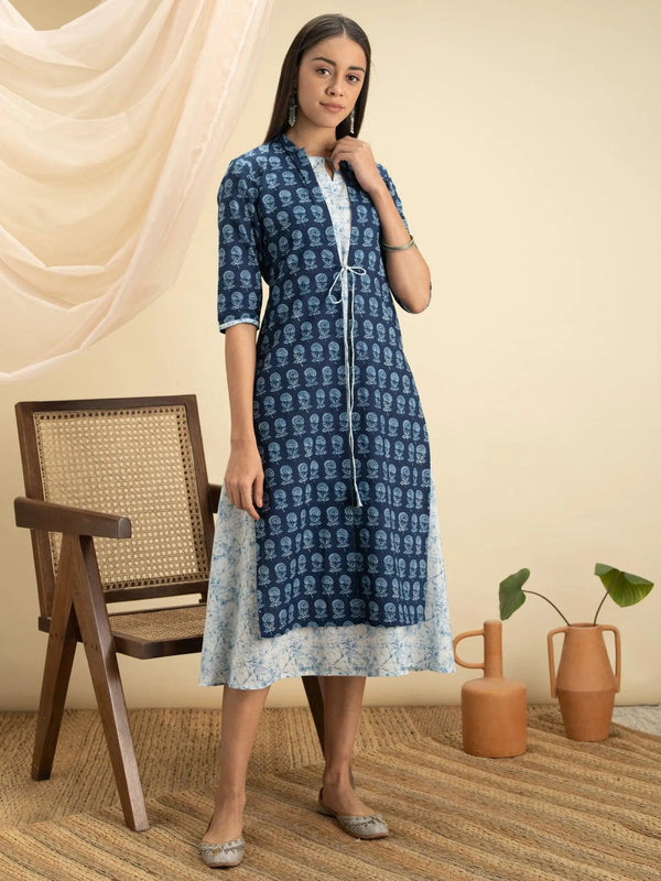 Indigo Printed Cotton Dress With Jacket - Jashvi