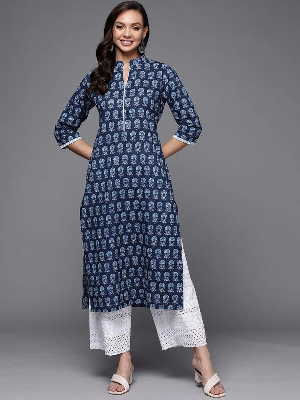 Indigo Printed Cotton Straight Kurta - Jashvi