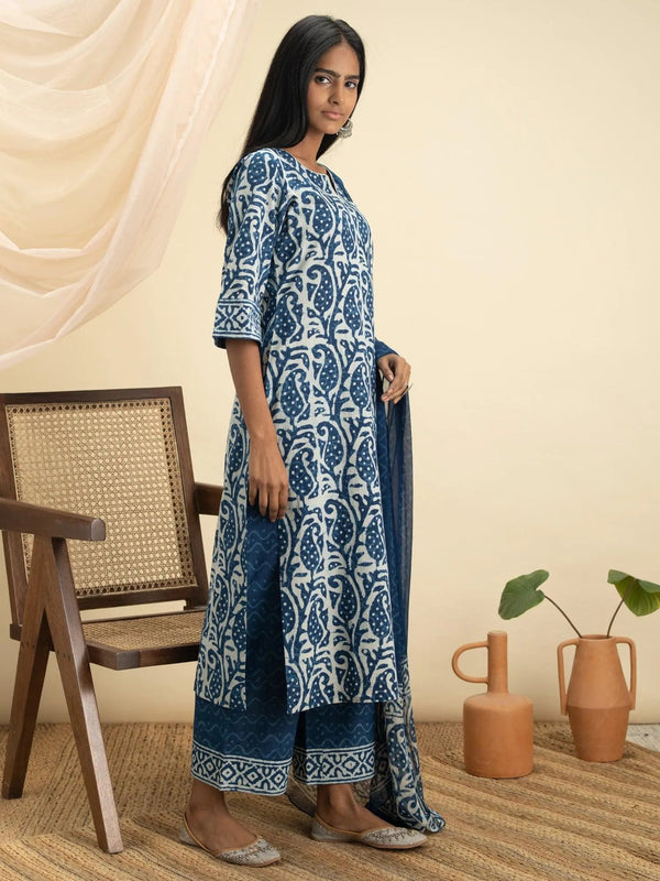 Indigo Printed Cotton Suit Set - Jashvi