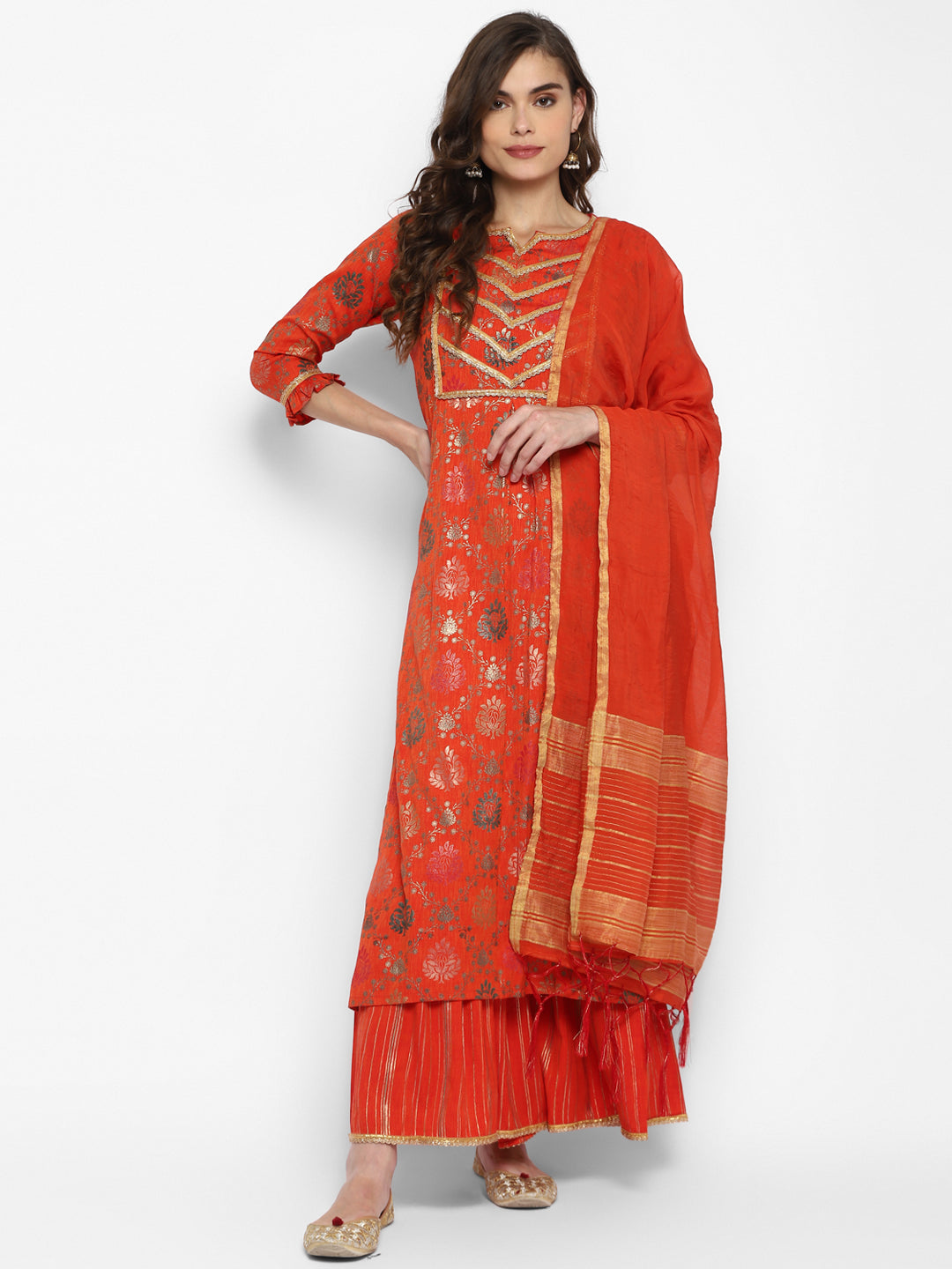 Women's Orange Liquid Digital Foil Printed Straight Kurta Sharara Set With Dupatta - Vaaba