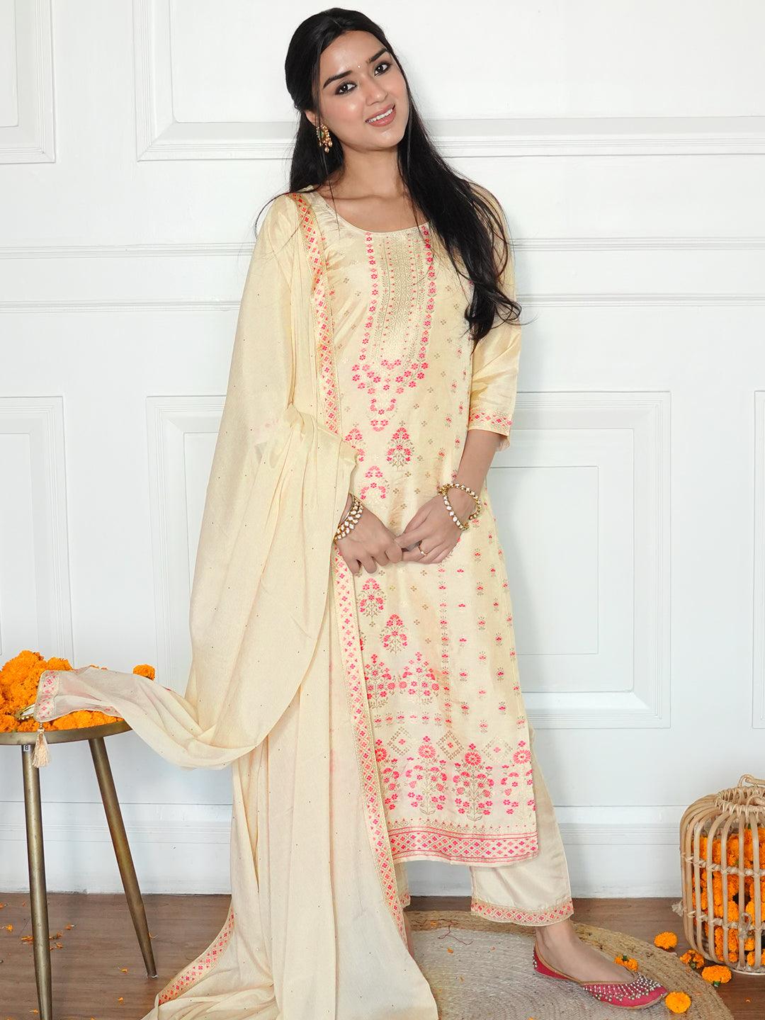 Ivory Woven Design Silk Blend Straight Kurta With Trousers & Dupatta - Jashvi