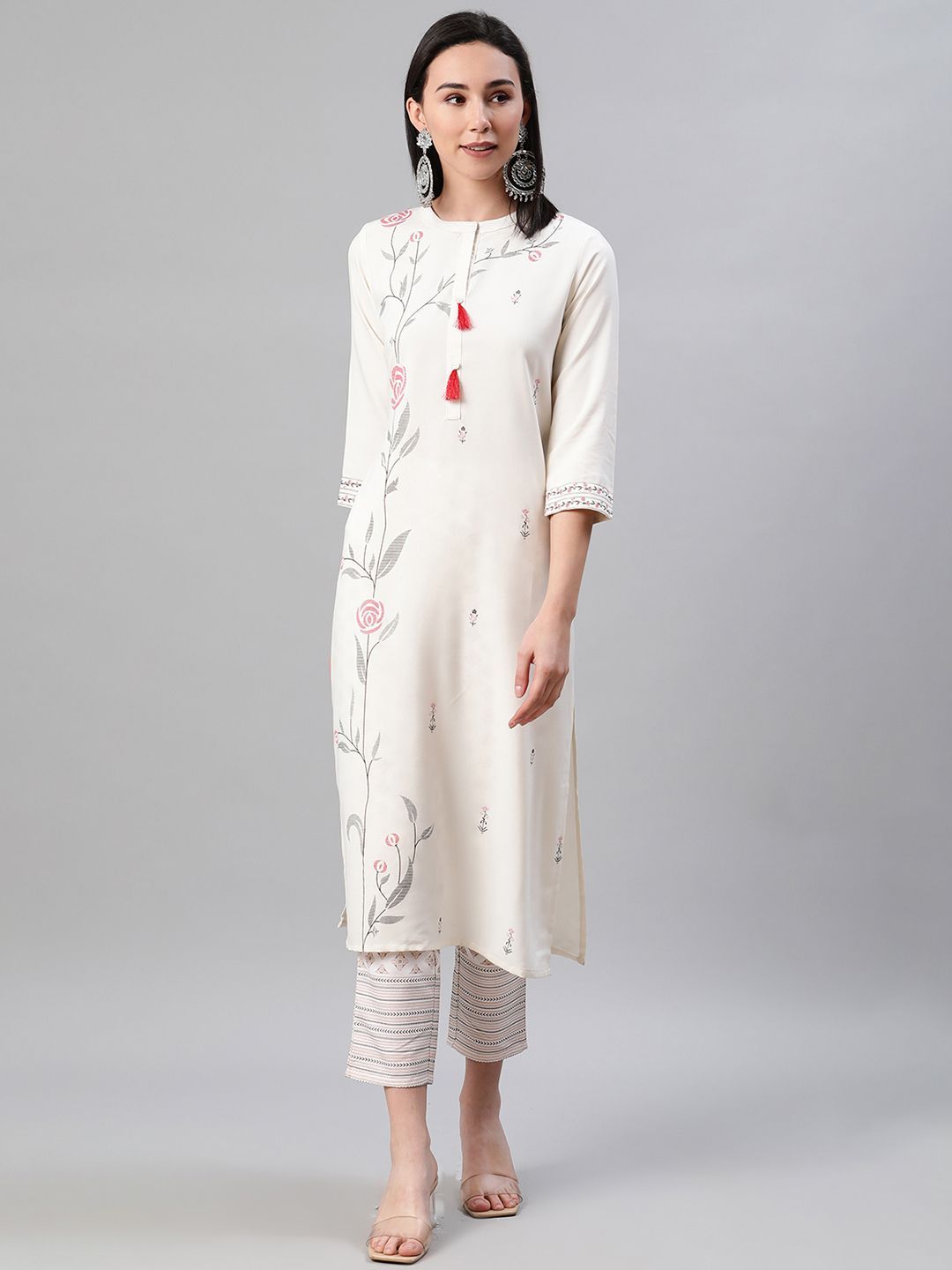 Women's Cream Color Foil Print Straight Kurta And Pant Set - Ziyaa