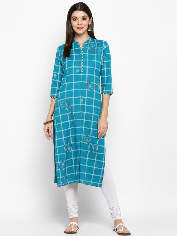 Women's Sky Blue Cotton Kurta By Vbuyz (1Pc)