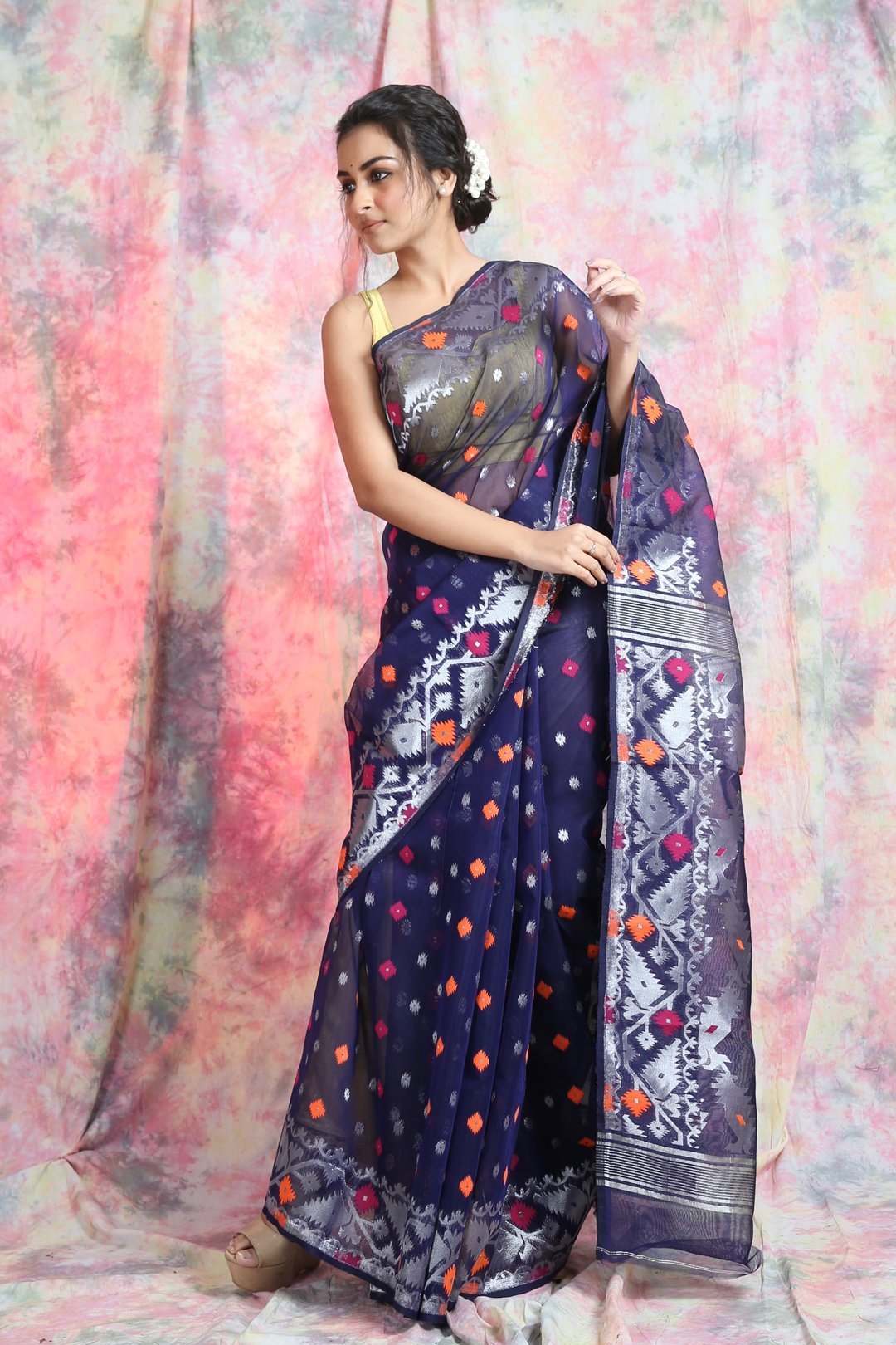 Women's Denim Allover Weaving Jamdani Saree - Arhi