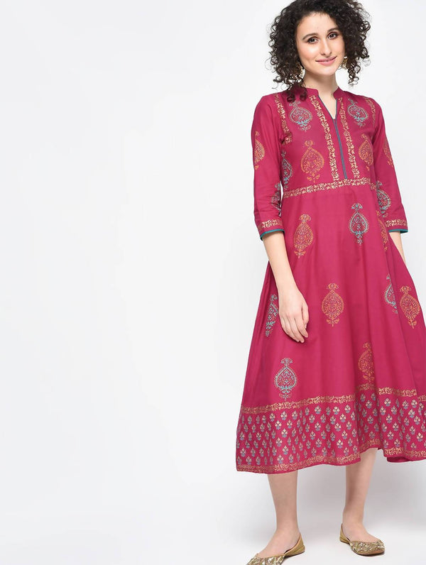 Women's Maroon Hand Block Print Anarkali Kurta Only - Cheera