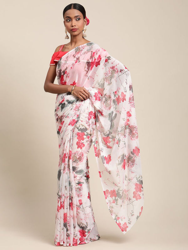 White Chiffon Digital Floral Print Saree