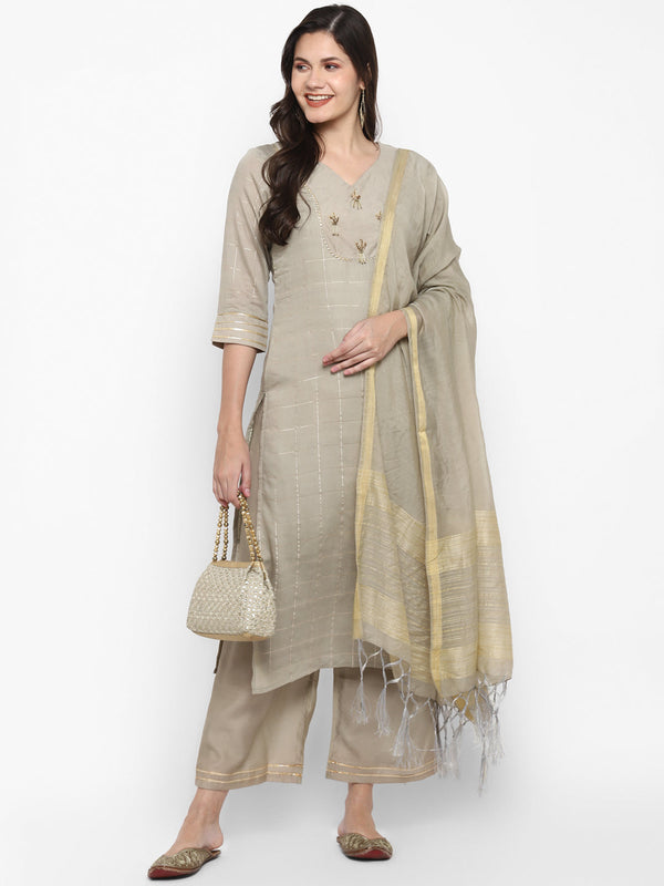 Women's Grey Color Chanderi Silk Embroidered Straight Kurta Palazzo With Dupatta - VAABA