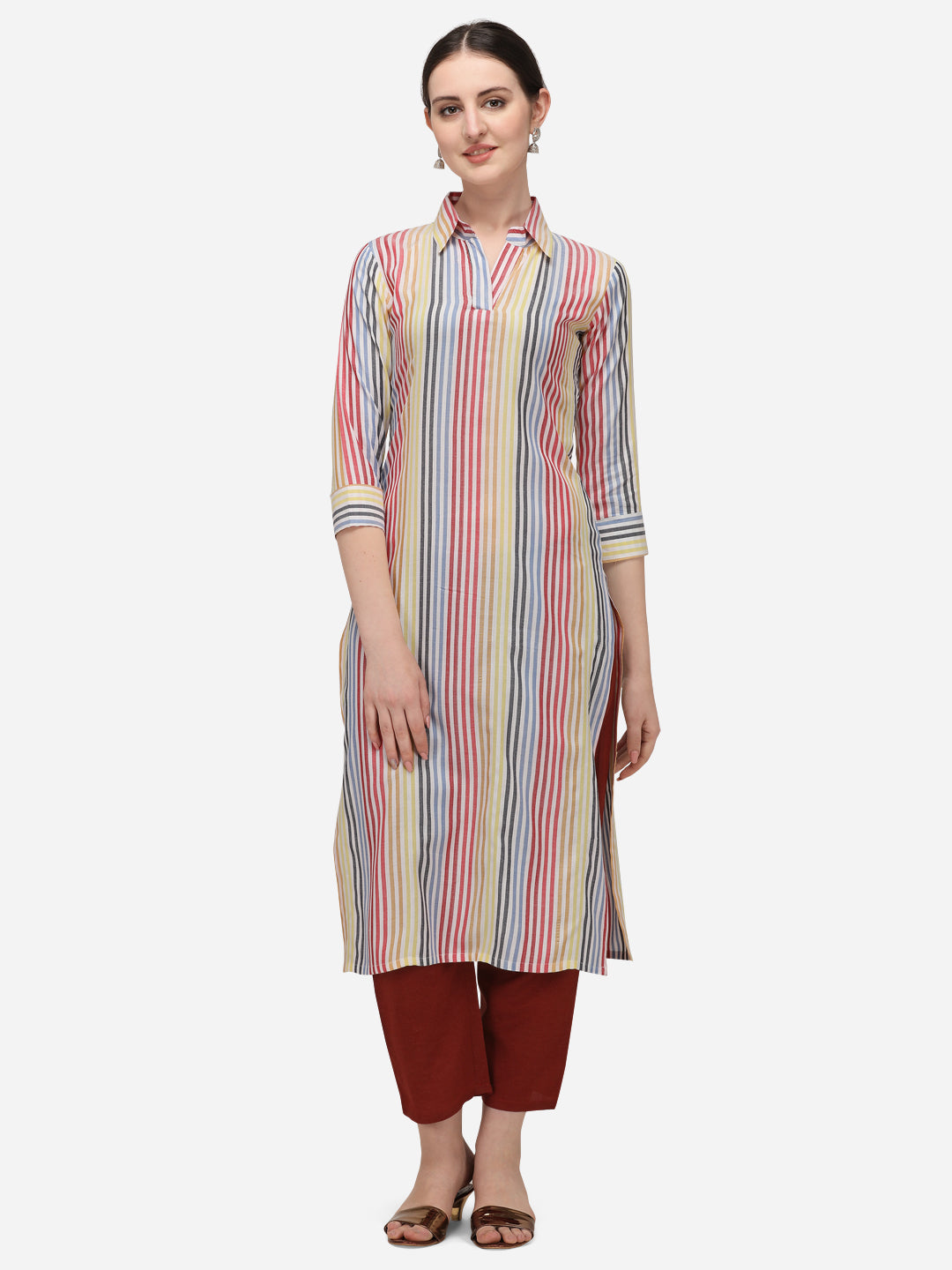 Women's Multi Color Cotton Blend Straight Stripe Kurta - Vaaba