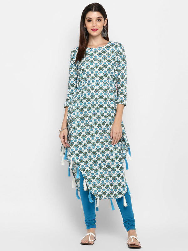 Women's Sky Blue & White Cotton Asymmetric Kurta By Vbuyz- (1Pc Set)