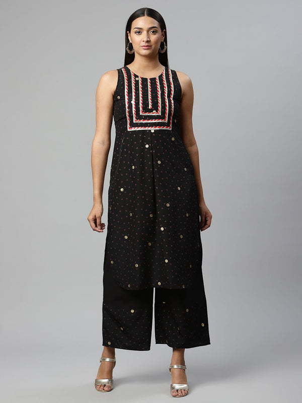 Black Crepe Printed Kurta Palazzo Set