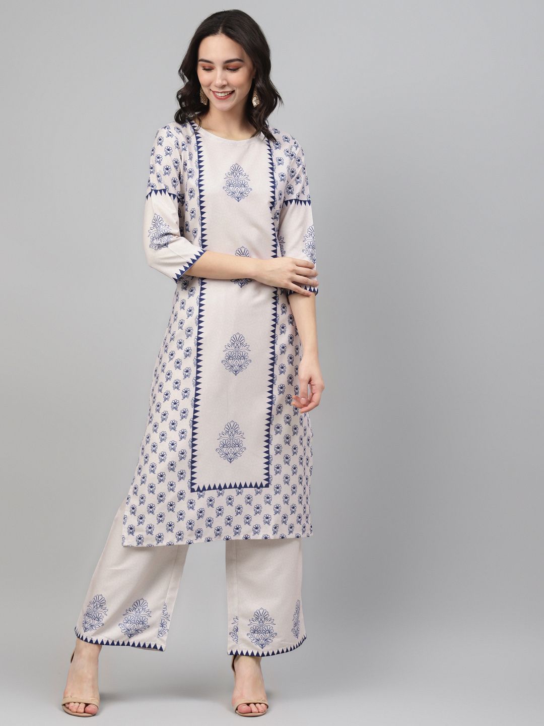 Women's White Color Screen Print Straight Kurta And Palazzo Set - Ziyaa