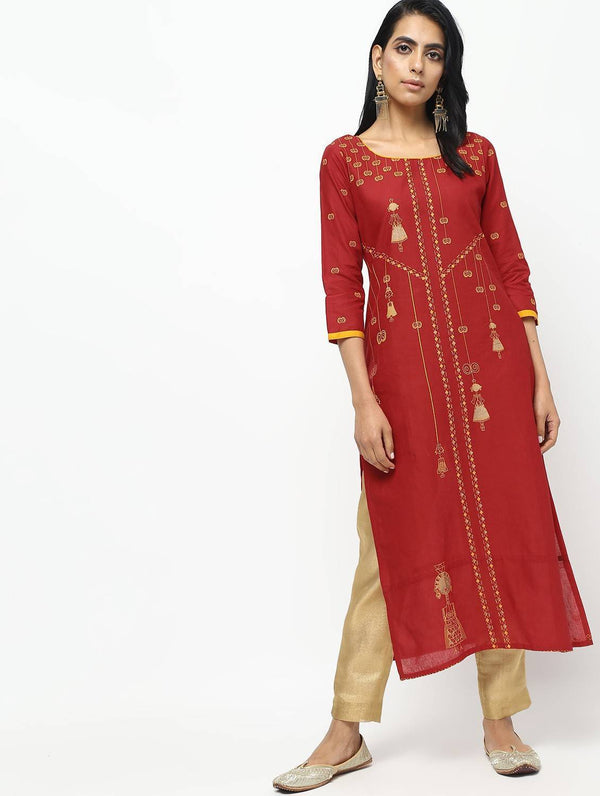 Women's Red Straight Printed Kurta Only - Cheera